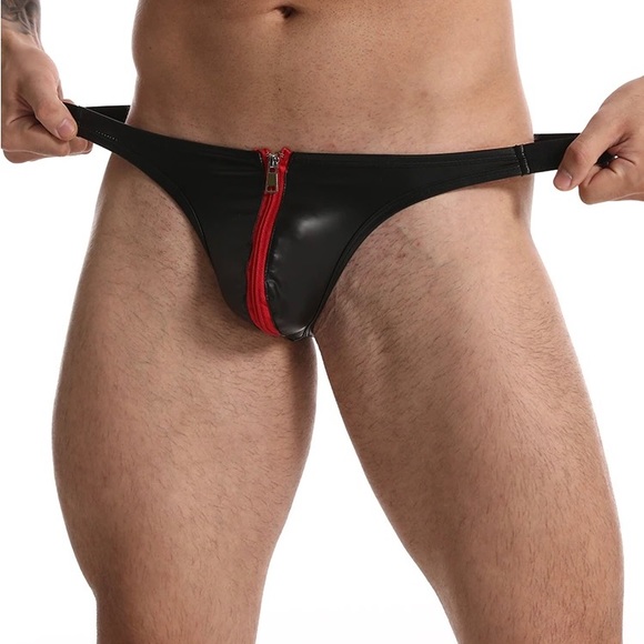 Mens Zipper Thong Mens Black Faux Leather Bulge Pouch Underwear Low Waist - Picture 2 of 6